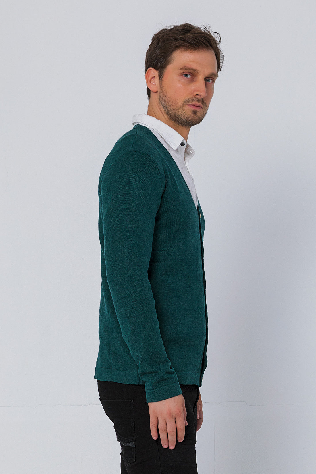 Classic V-neck Button Front Knit Shirt - Green