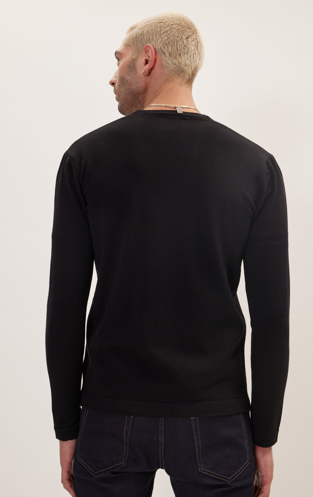Classic V-neck Button Front Knit Shirt - Black