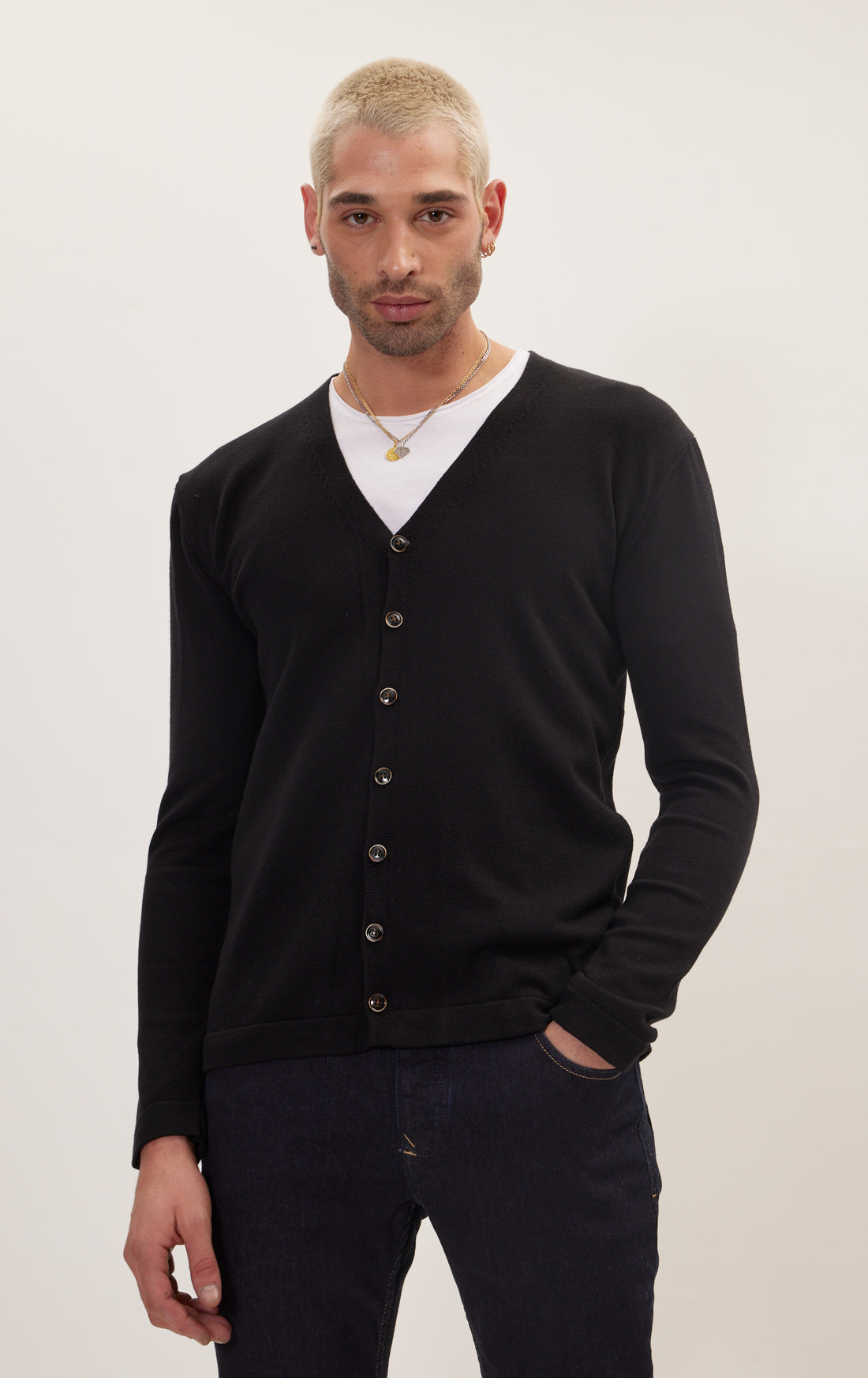 Classic V-neck Button Front Knit Shirt - Black