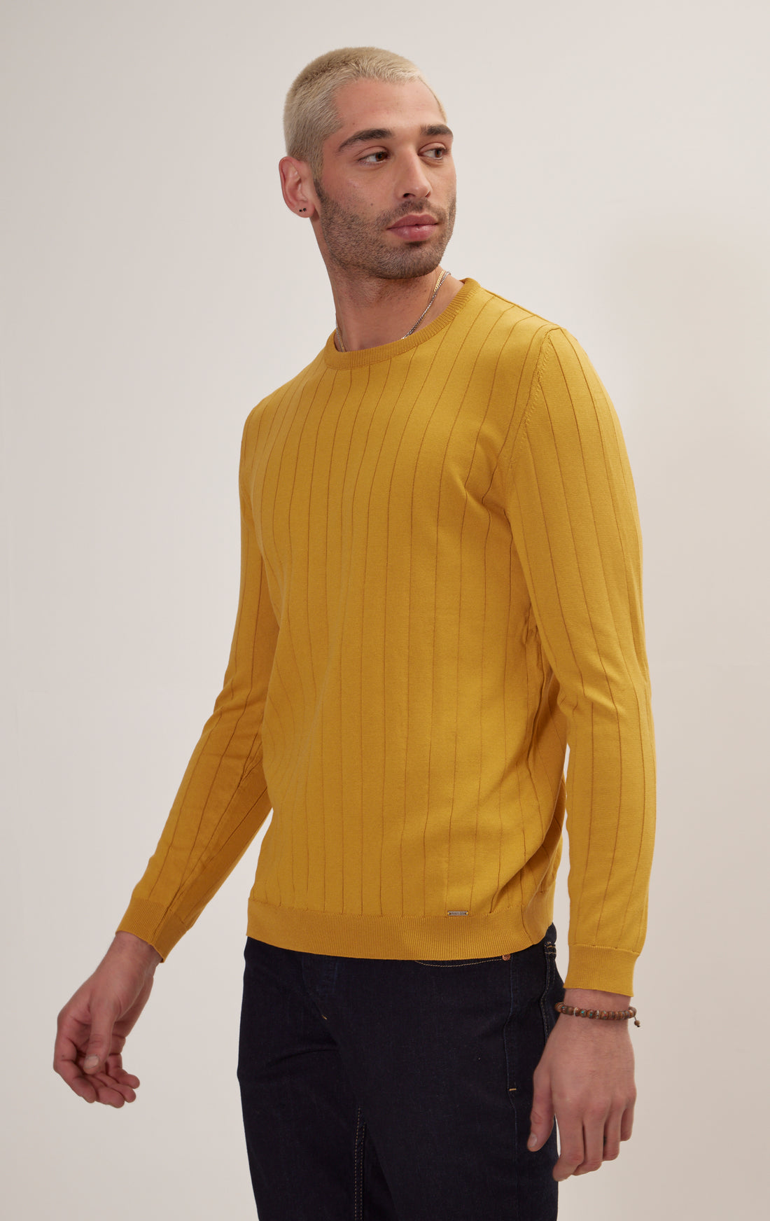 Slip-Stitch Crew Neck Long Sleeve Sweater - Mustard