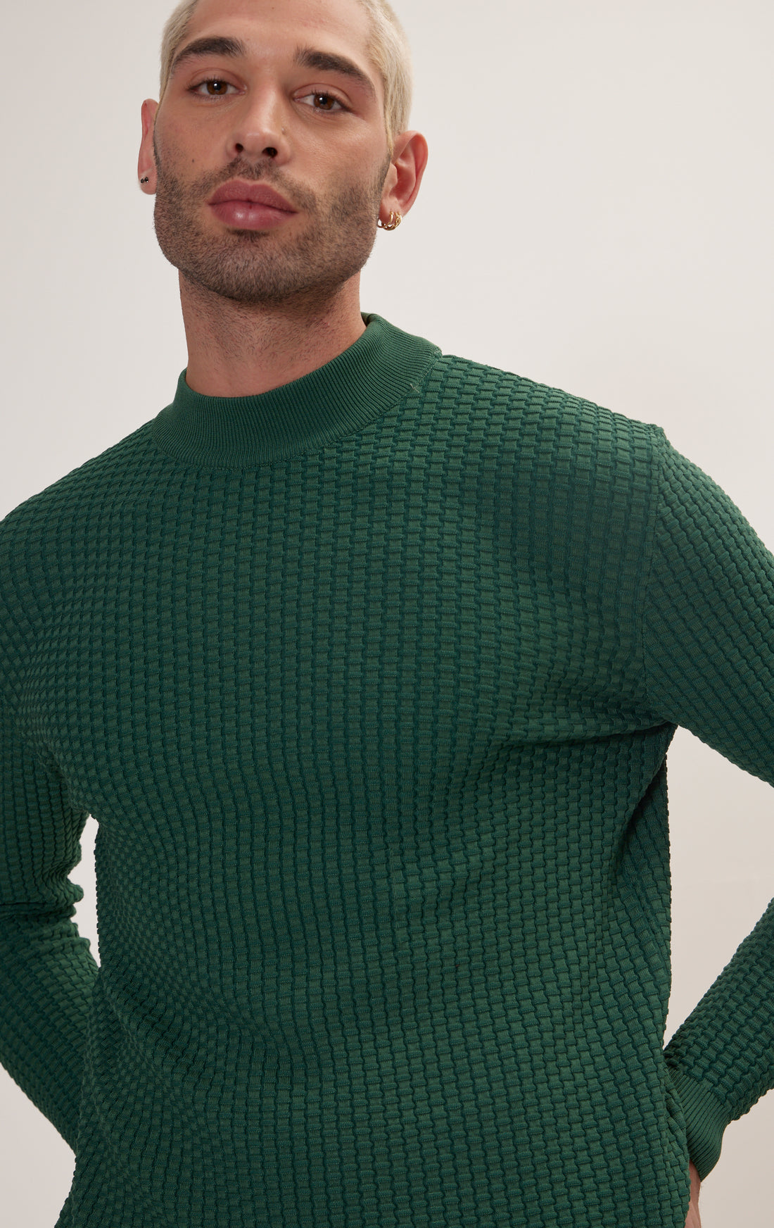 Oversized Bamboo Knitting Stitch Mock Neck Sweater - Green