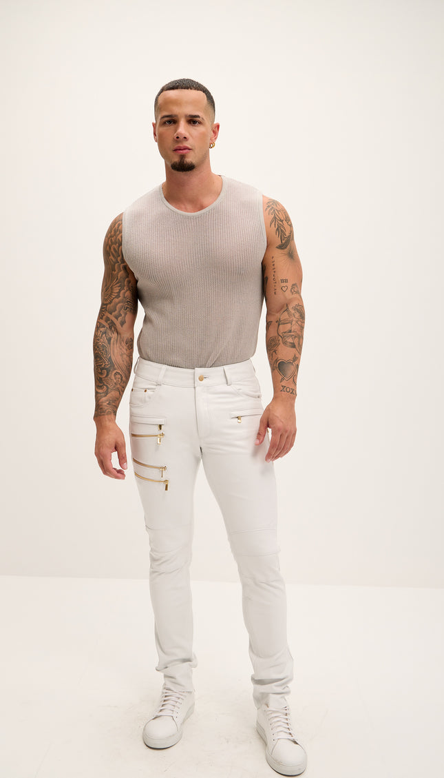 Multi-zipper Genuine Lambskin Leather Pants - White Gold