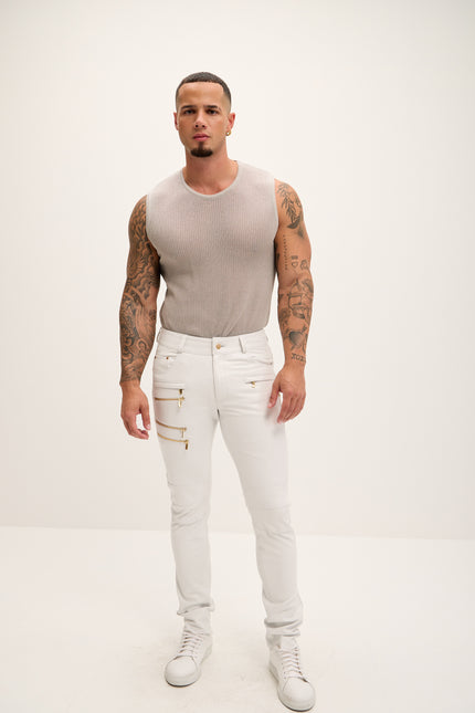 Men's Multi-Zipper Genuine Lambskin Leather Pants - White Gold - Ron Tomson Los Angeles