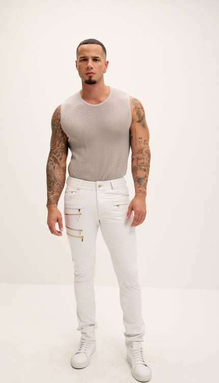 Echtlederhose aus Lammleder mit mehreren Reißverschlüssen – Weißgold