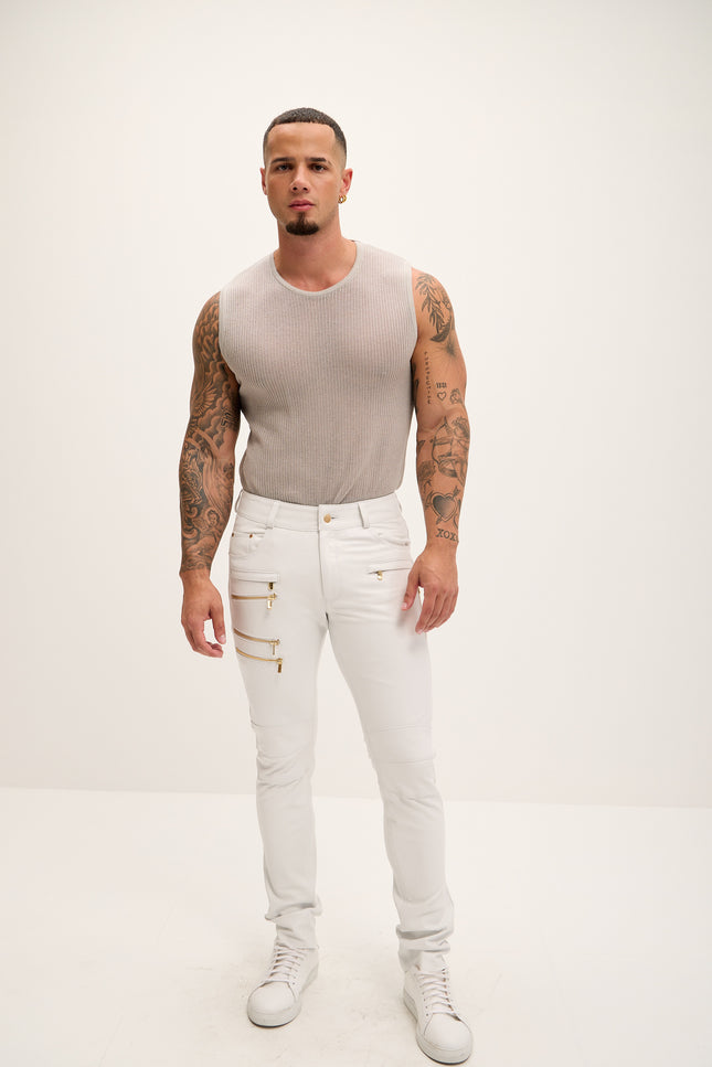 Men's Multi-Zipper Genuine Lambskin Leather Pants - White Gold - Ron Tomson Los Angeles