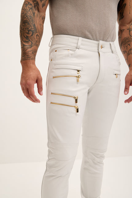 Men's Multi-Zipper Genuine Lambskin Leather Pants - White Gold - Ron Tomson Los Angeles