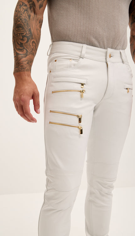 Echtlederhose aus Lammleder mit mehreren Reißverschlüssen – Weißgold