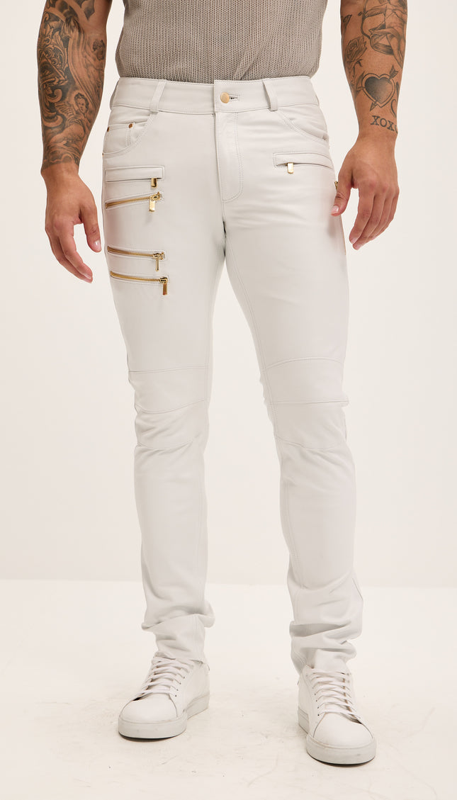 Multi-zipper Genuine Lambskin Leather Pants - White Gold