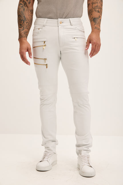 Men's Multi-Zipper Genuine Lambskin Leather Pants - White Gold - Ron Tomson Los Angeles