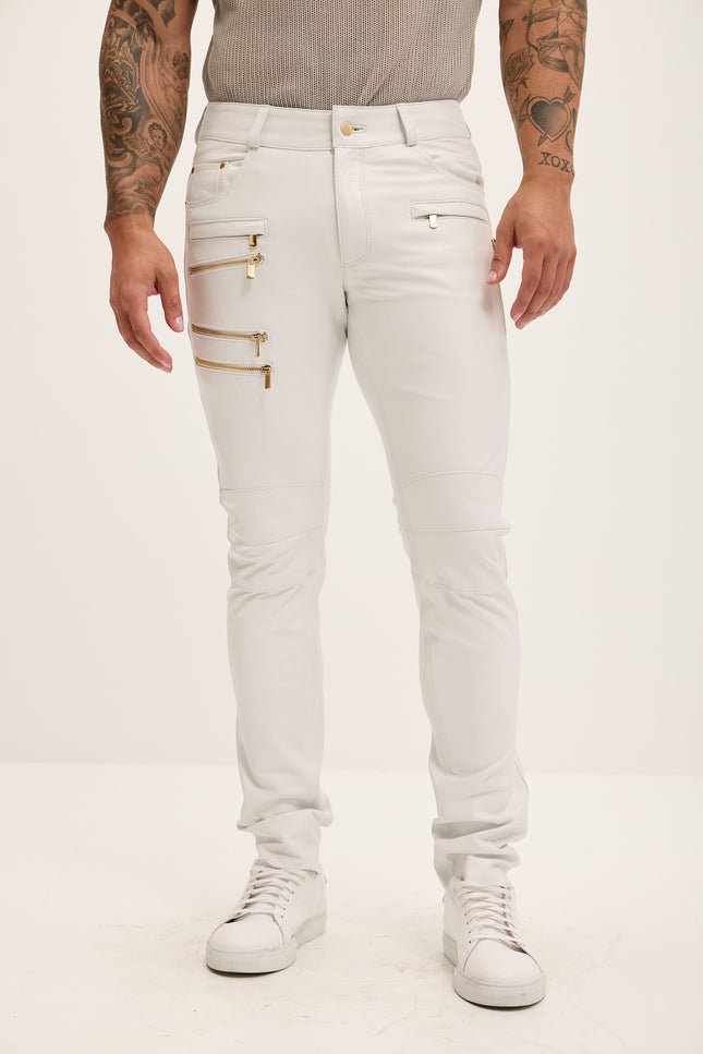 Men's Multi-Zipper Genuine Lambskin Leather Pants - White Gold - Ron Tomson Los Angeles