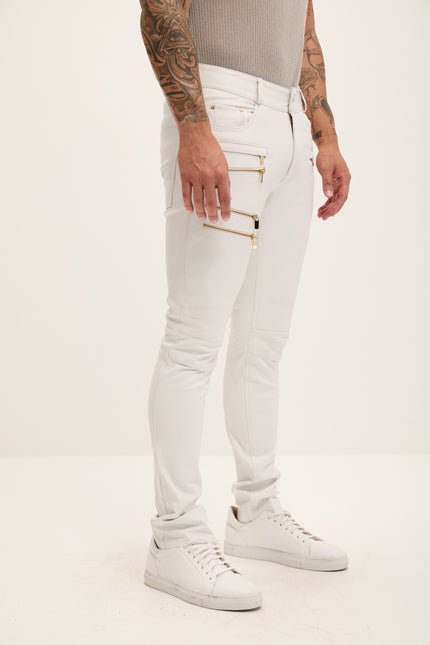 Men's Multi-Zipper Genuine Lambskin Leather Pants - White Gold - Ron Tomson Los Angeles