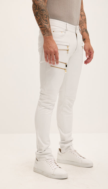 Echtlederhose aus Lammleder mit mehreren Reißverschlüssen – Weißgold