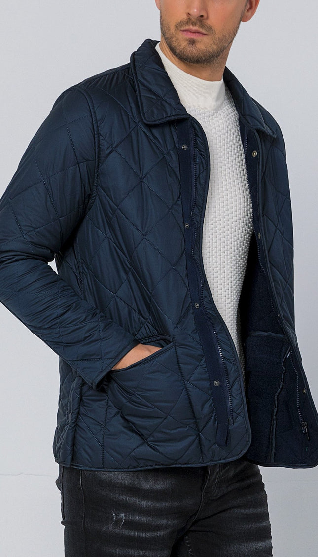 Diamond Quilted Snap Button Jacket - Navy