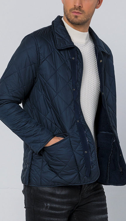 Diamond Quilted Snap Button Jacket - Navy