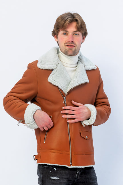Men's Shearling Leather Jacket - Brown - Ron Tomson