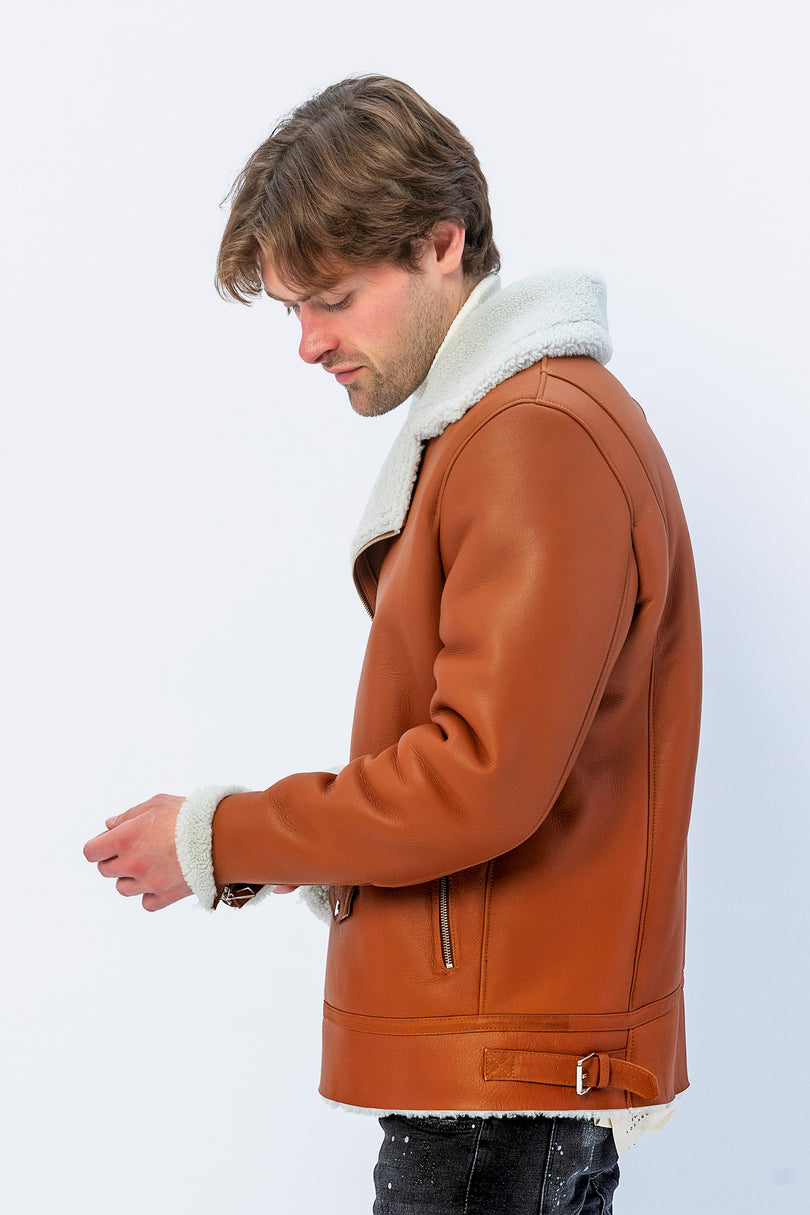 Men's Shearling Leather Jacket - Brown - Ron Tomson Leather