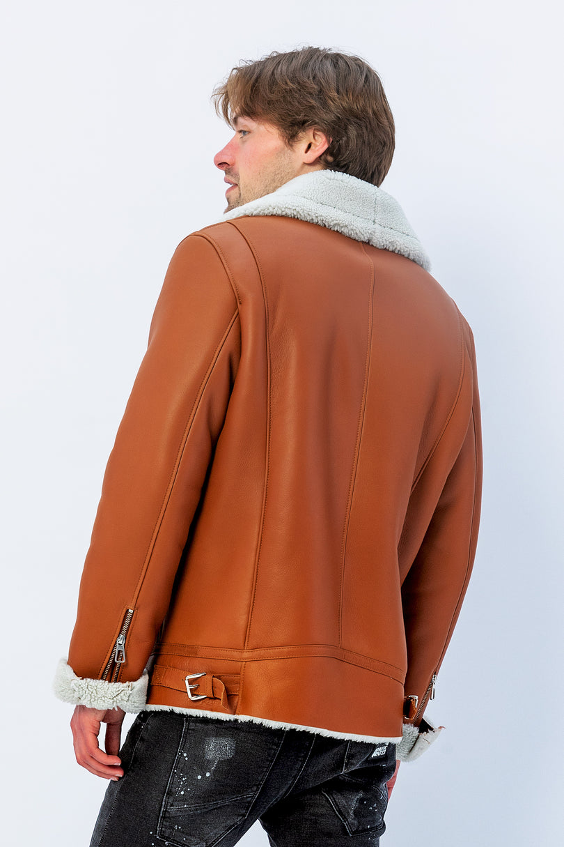 Men's Shearling Leather Jacket - Brown - Ron Tomson Leather