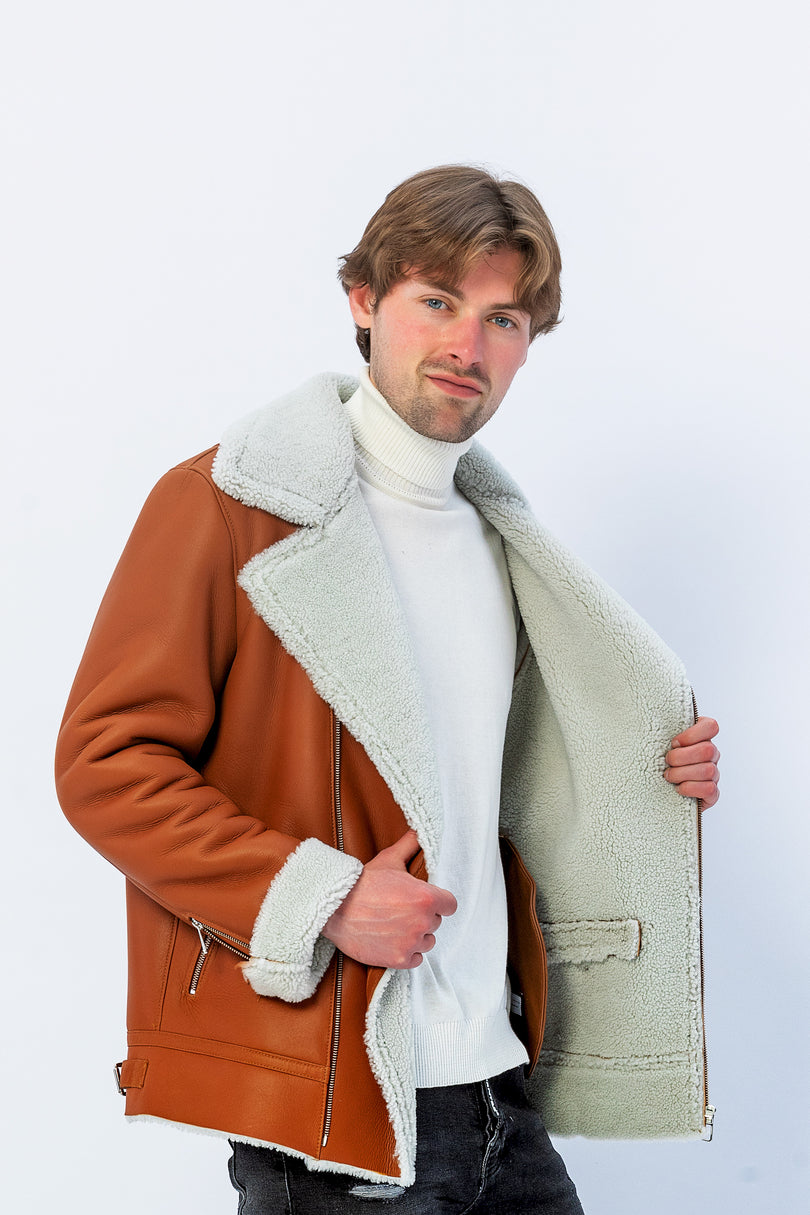 Men's Shearling Leather Jacket - Brown - Ron Tomson Leather