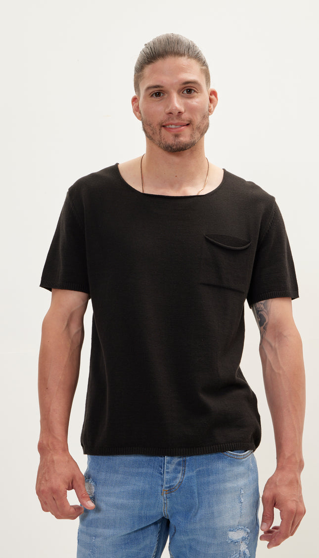 Wide Neck Knitted T-shirt - Black