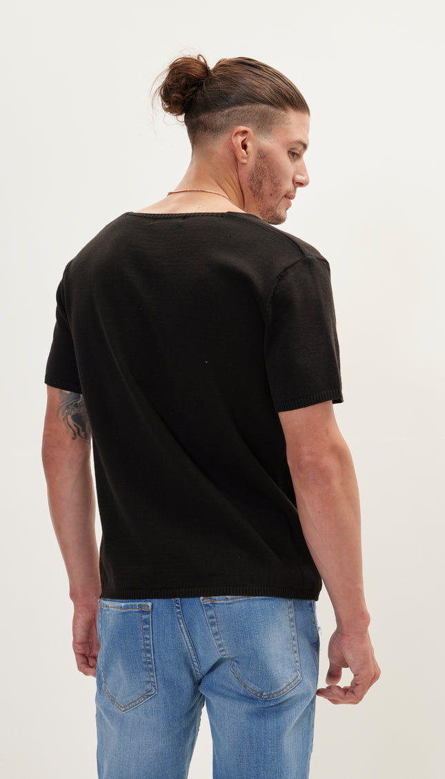 Wide Neck Knitted T-shirt - Black