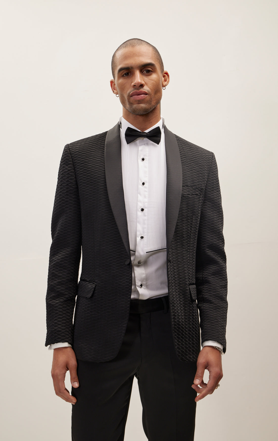 All Over Quilted Shawl Lapel Tuxedo Jacket - Black
