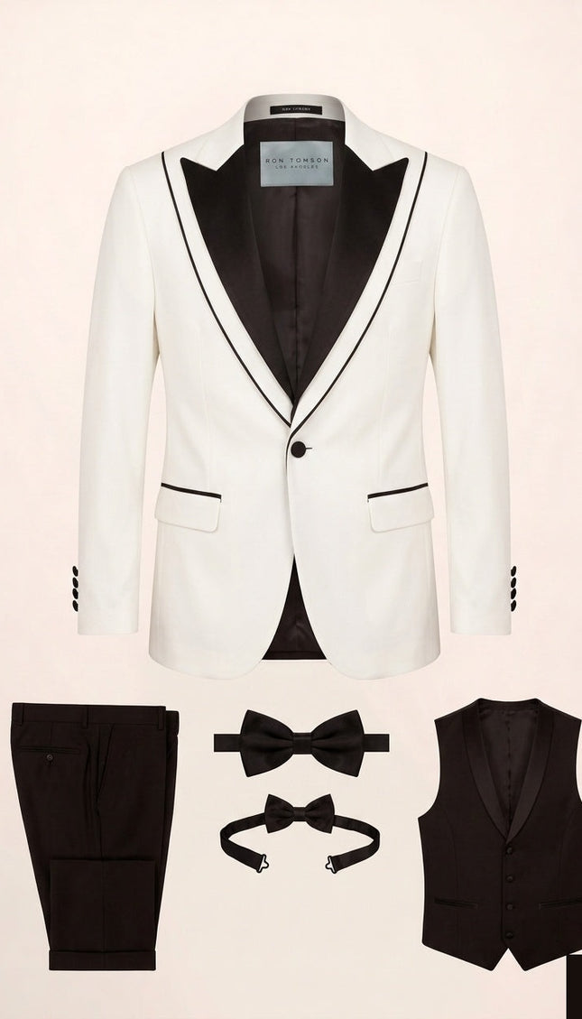 Ron Tomson Trim Detail Peak Lapel Tuxedo Set - White