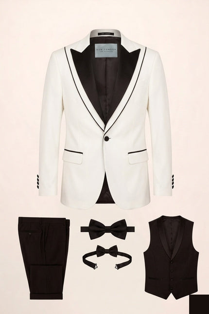 Ron Tomson Trim Detail Peak Lapel Tuxedo Set - White