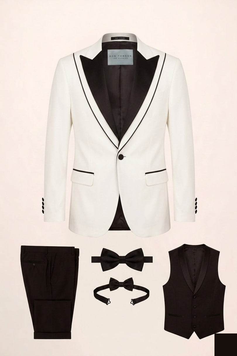 Ron Tomson Trim Detail Peak Lapel Tuxedo Set - White