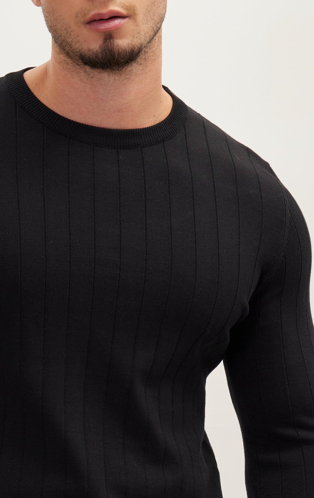 Slip-Stitch Crew Neck Long Sleeve Sweater - Black