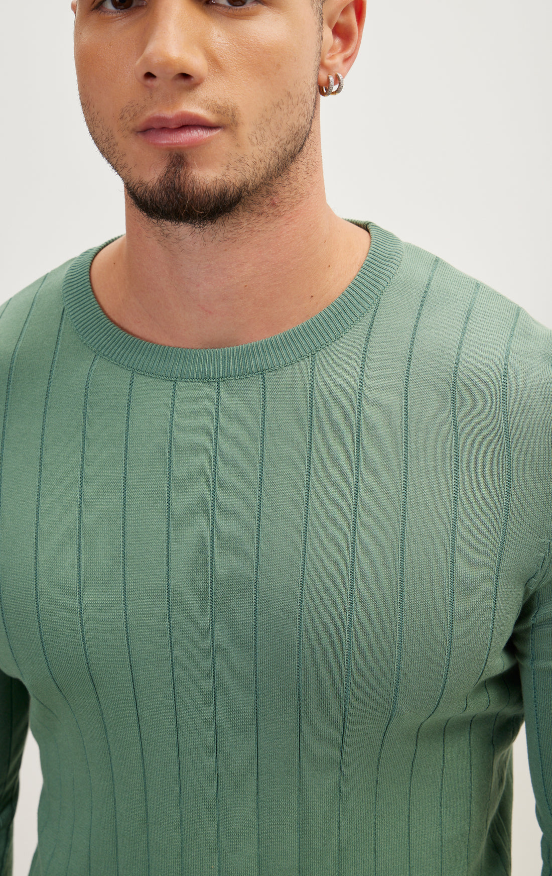Slip-Stitch Crew Neck Long Sleeve Sweater - Green
