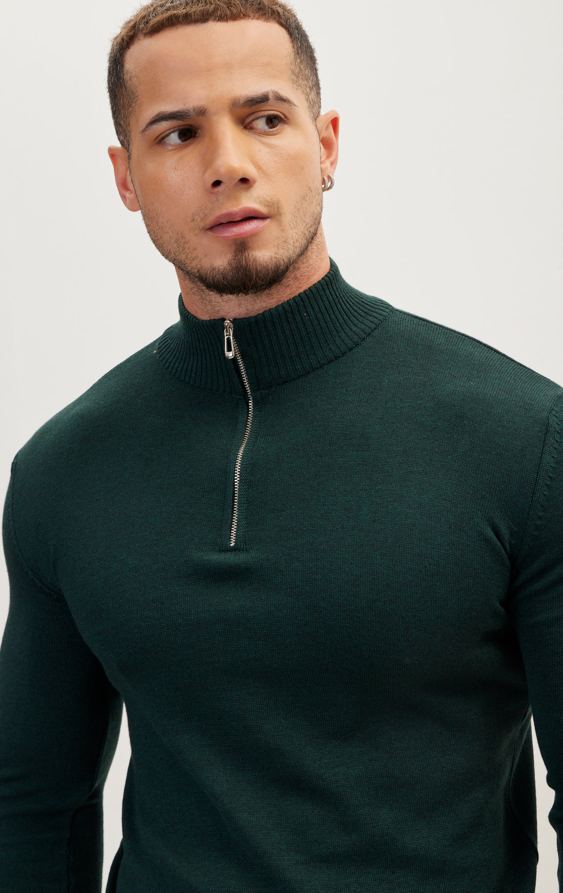 Quarter Zipper Mock Neck Ribbed Sweater - Green