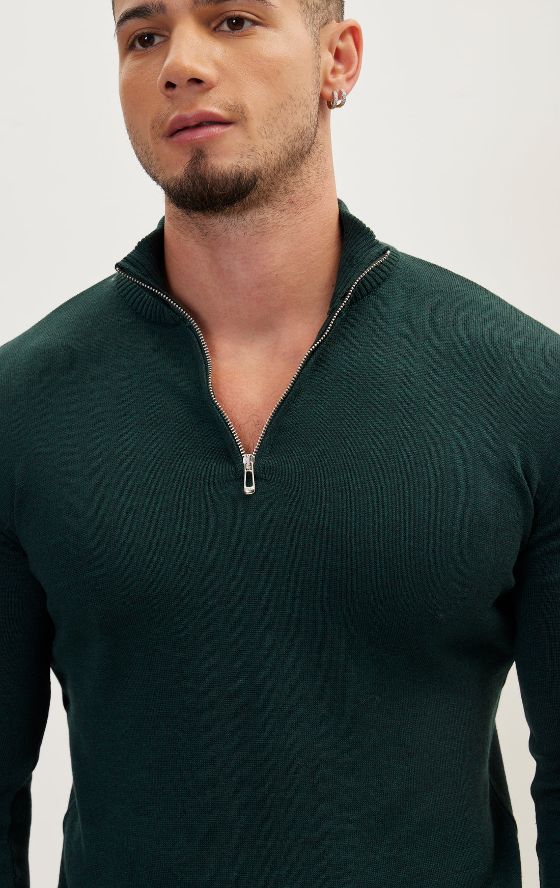 Quarter Zipper Mock Neck Ribbed Sweater - Green