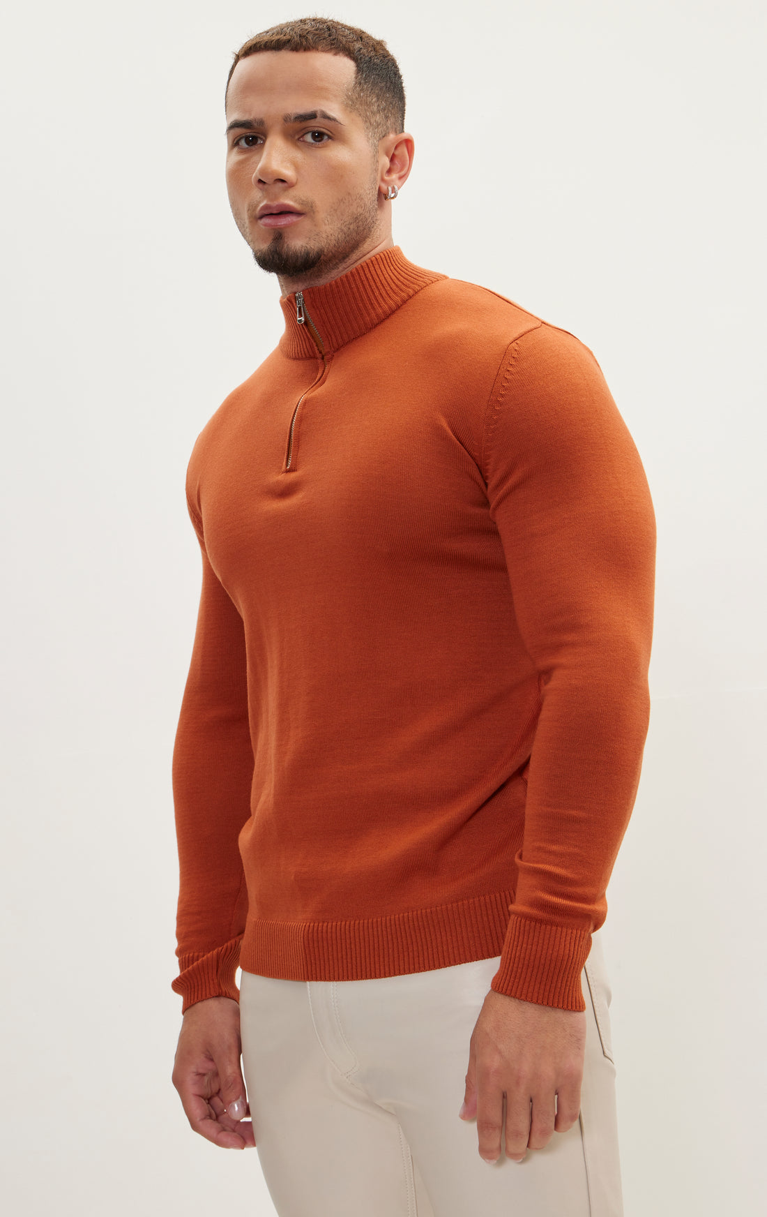 Quarter Zipper Mock Neck Ribbed Sweater - Tile