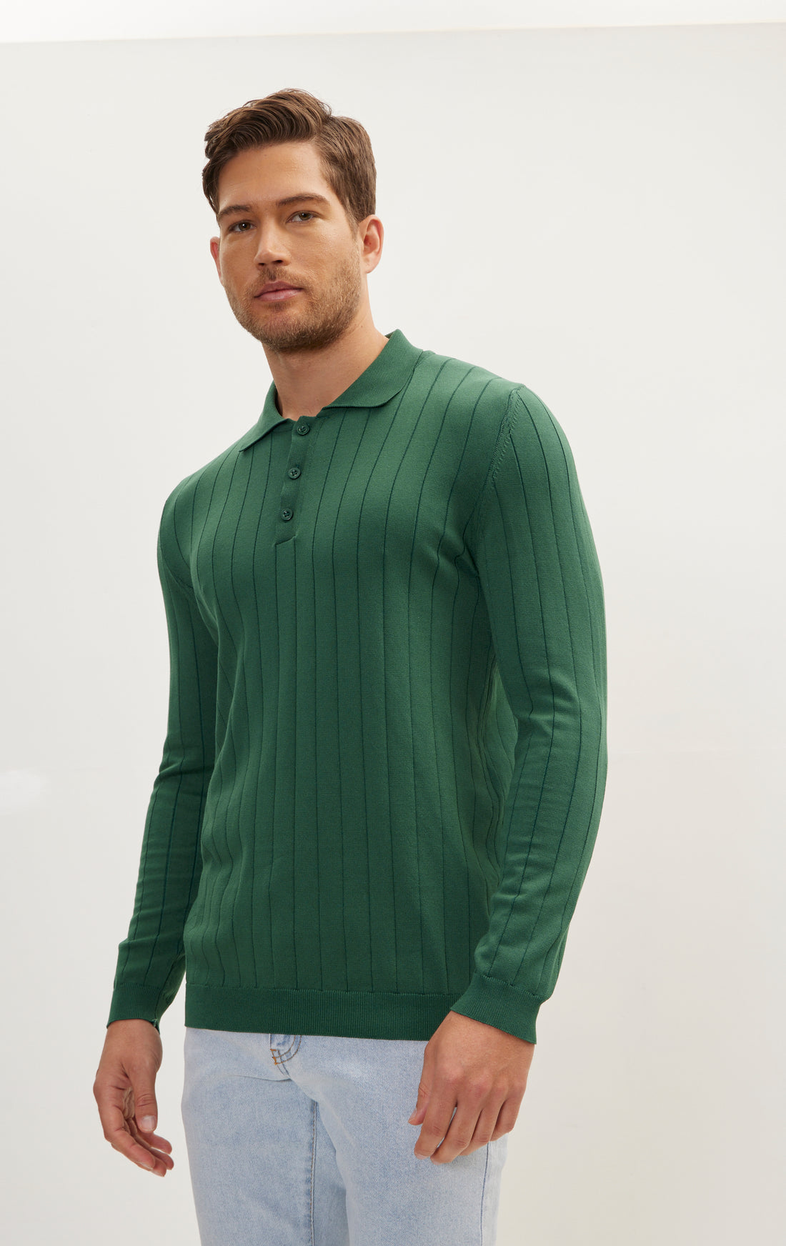 Slip-Stitch Polo Neck Long Sleeve Sweater - Green