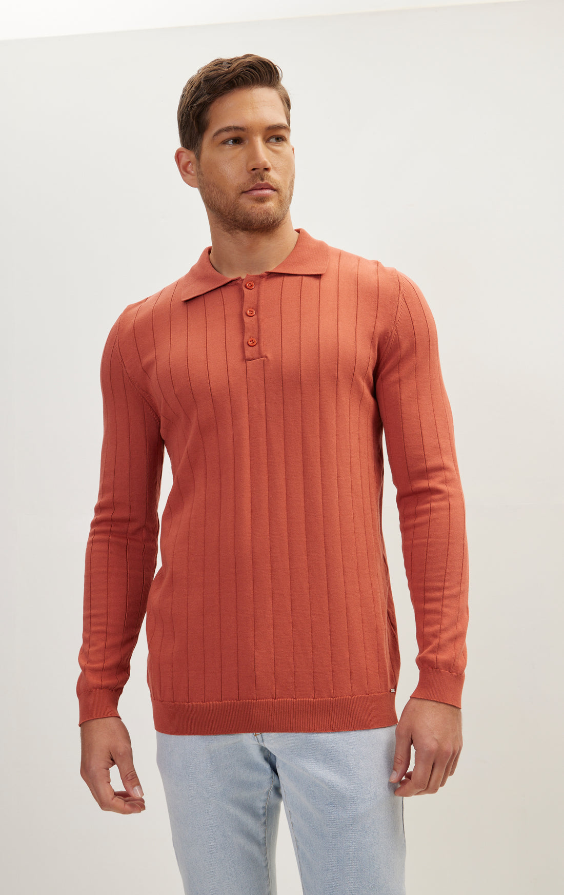 Slip-Stitch Polo Neck Long Sleeve Sweater - Brick