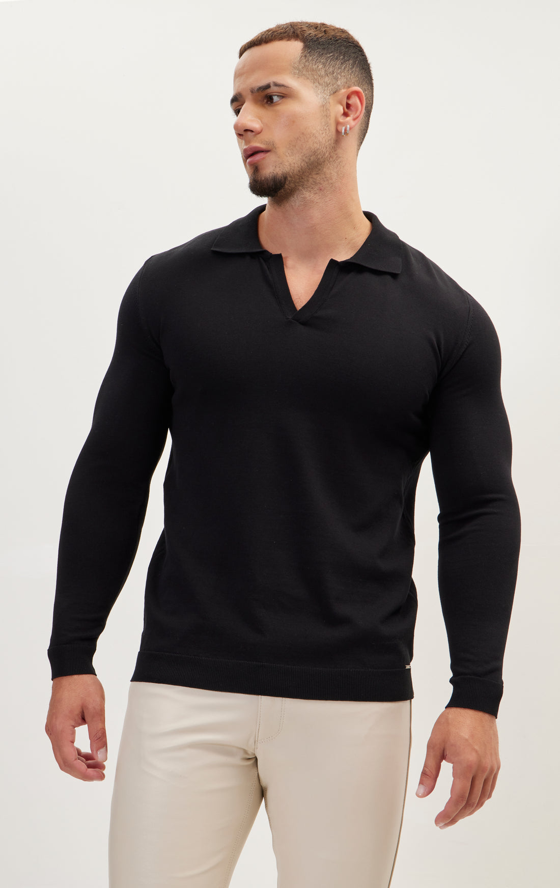 Johnny-Collar Sweater Polo - Black