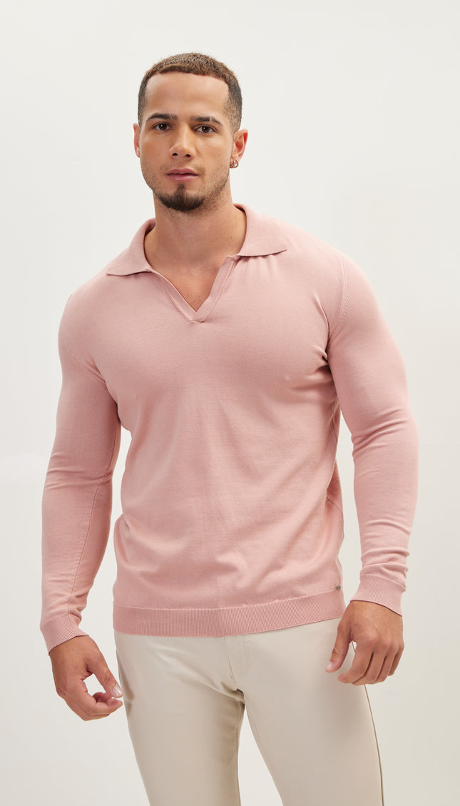 Johnny-Collar Sweater Polo - Rose
