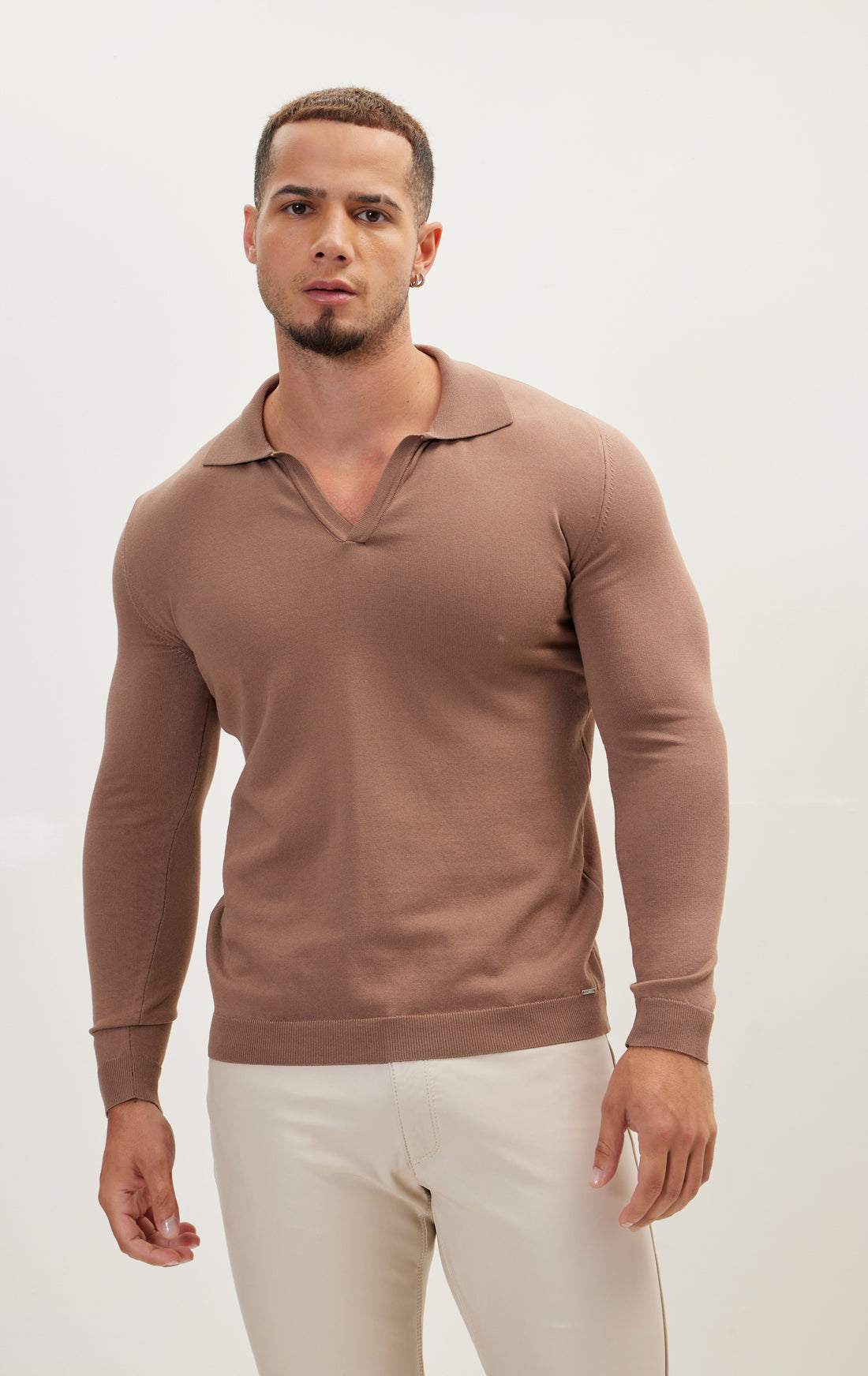 Johnny-Collar Sweater Polo - Brown