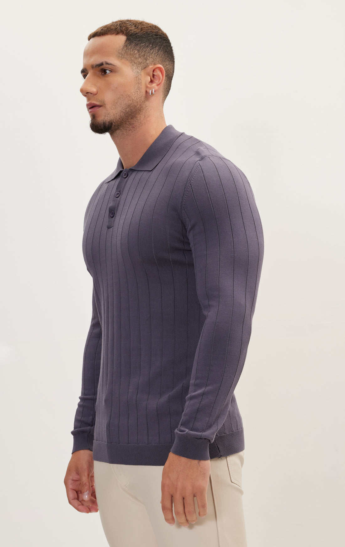 Slip-Stitch Polo Neck Long Sleeve Sweater - Anthracite
