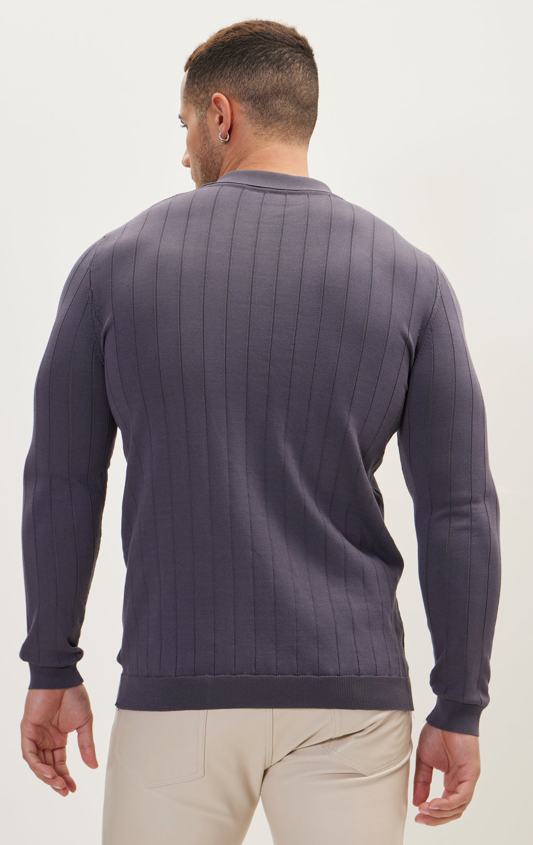 Slip-Stitch Polo Neck Long Sleeve Sweater - Anthracite
