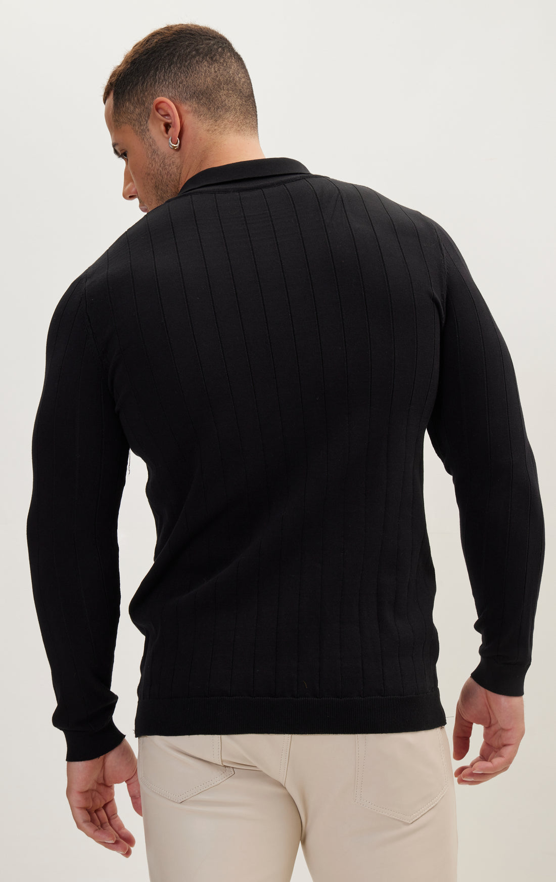 Slip-Stitch Polo Neck Long Sleeve Sweater - Black