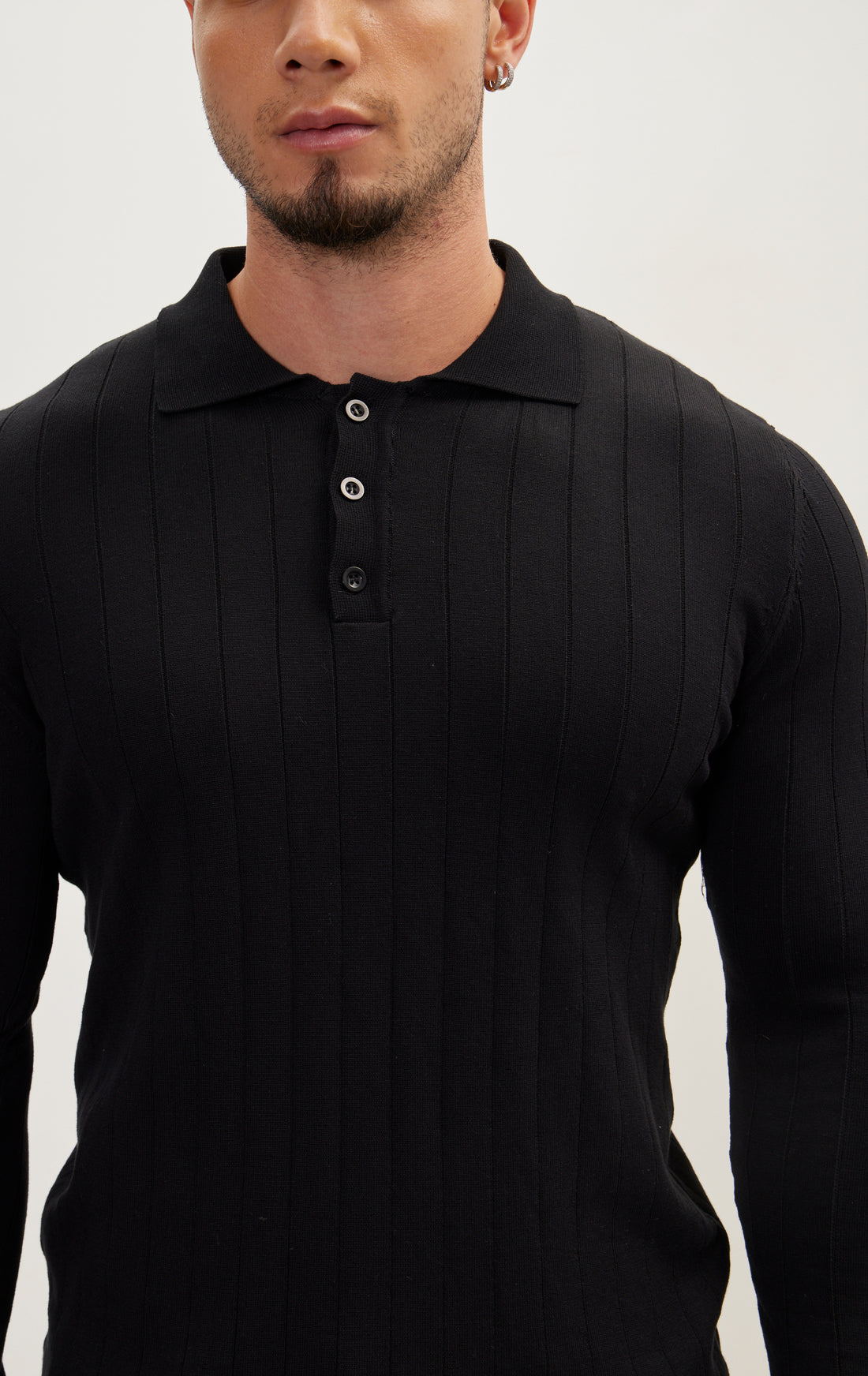 Slip-Stitch Polo Neck Long Sleeve Sweater - Black
