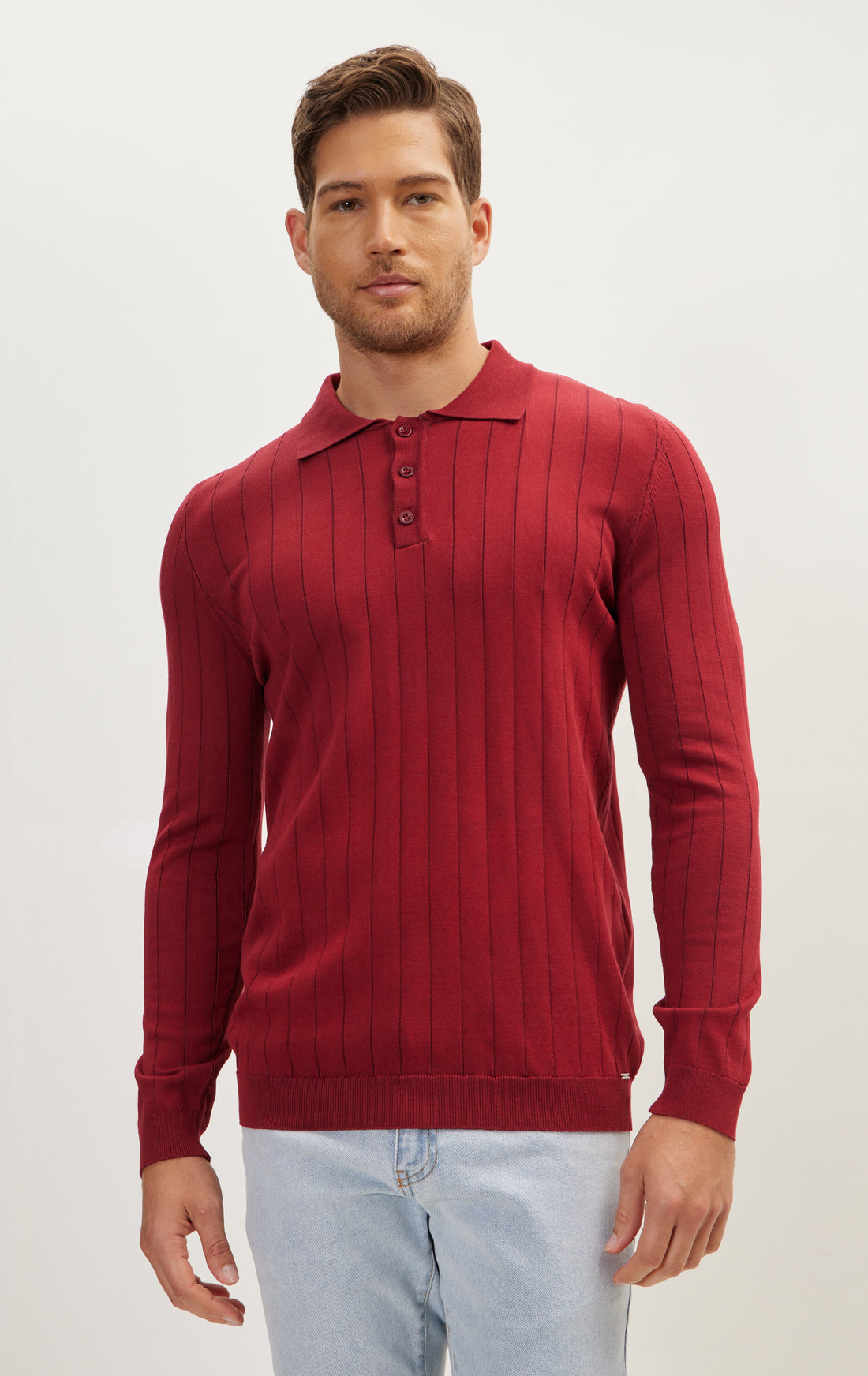 Slip-Stitch Polo Neck Long Sleeve Sweater - Burgundy