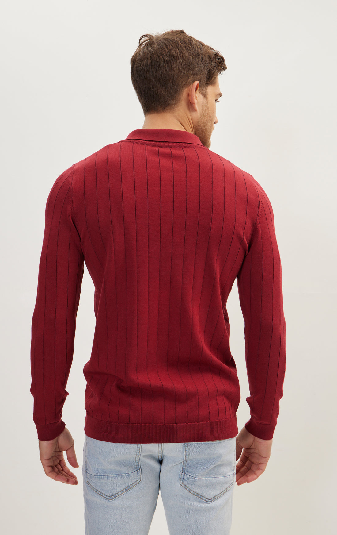 Slip-Stitch Polo Neck Long Sleeve Sweater - Burgundy