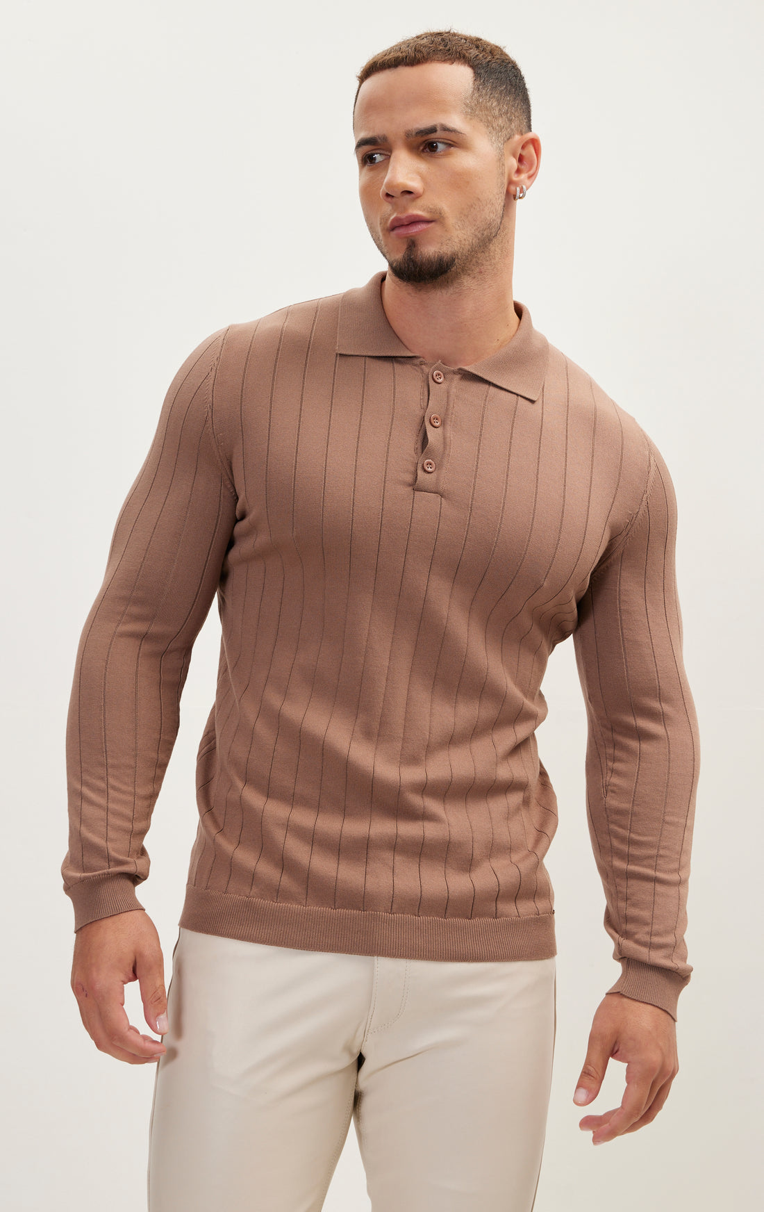 Slip-Stitch Polo Neck Long Sleeve Sweater - Light Brown