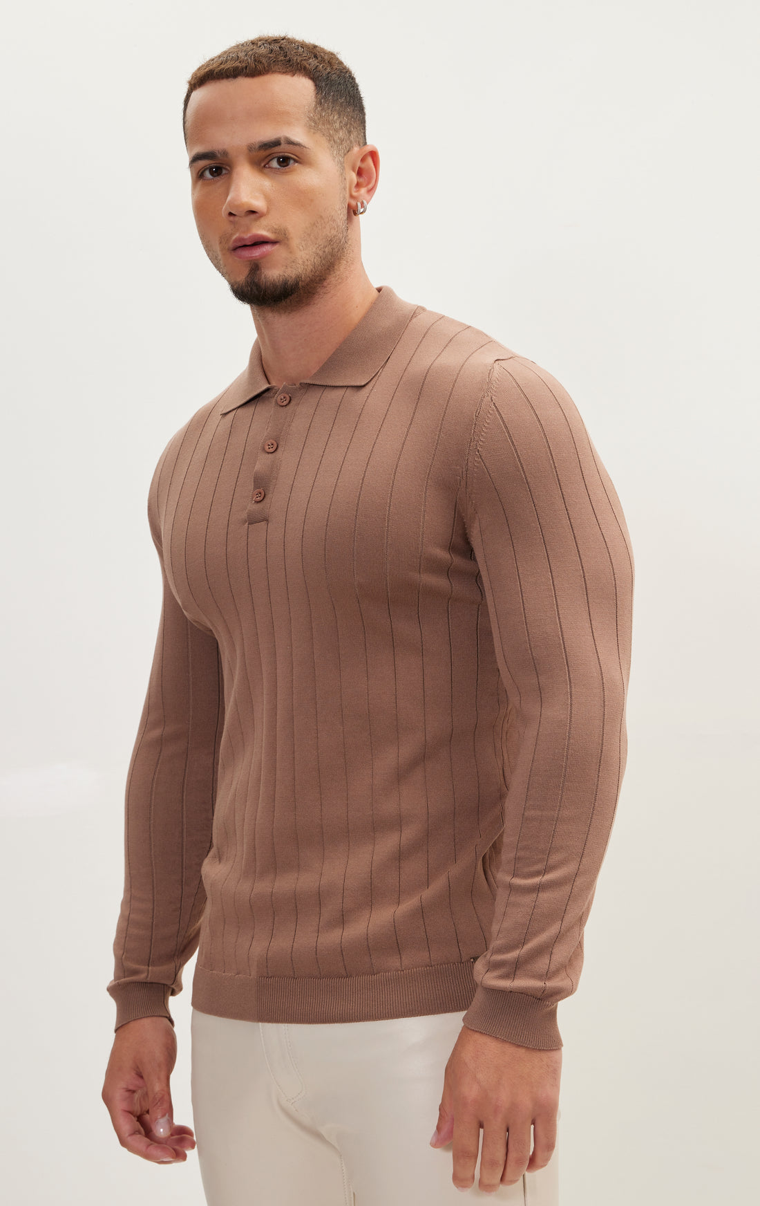Slip-Stitch Polo Neck Long Sleeve Sweater - Light Brown