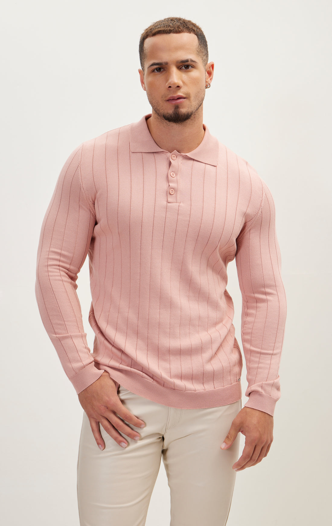 Slip-Stitch Polo Neck Long Sleeve Sweater - Rose