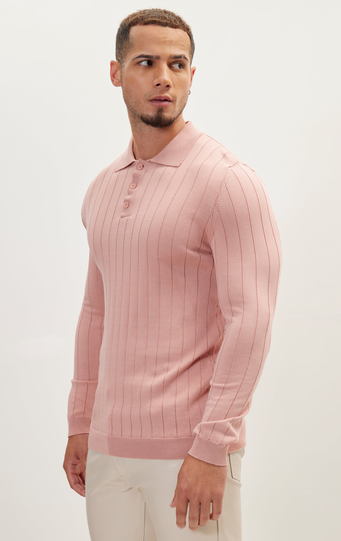 Slip-Stitch Polo Neck Long Sleeve Sweater - Rose
