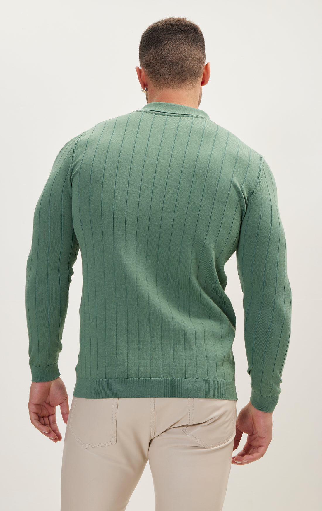 Slip-Stitch Polo Neck Long Sleeve Sweater - Teal Green