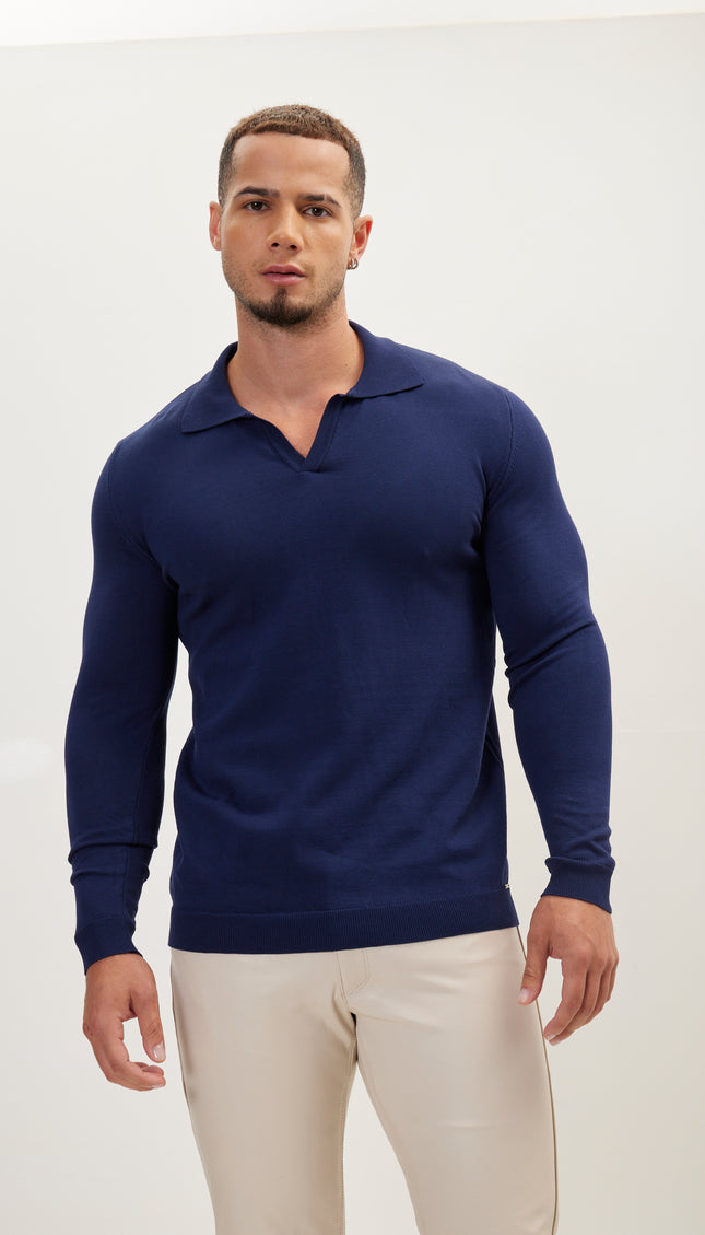 Johnny-Collar Sweater Polo - Navy